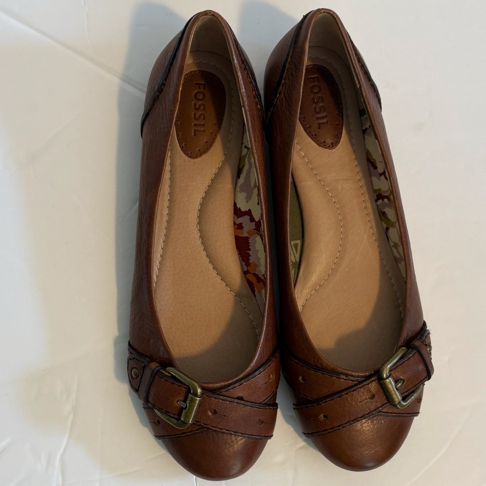 NWT Fossil Brown Leather Sandy Flats with Glossy Finish - Picture 11 of 12